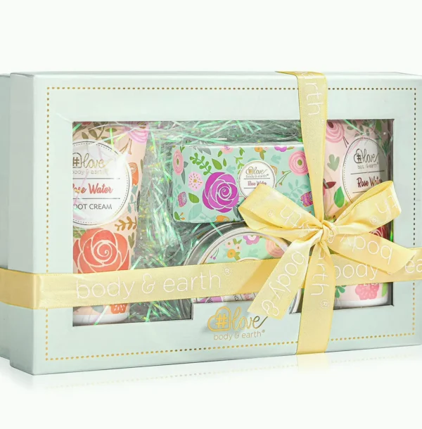 4PC Rosewater Gift Box: Hand & Foot Cream, Soap, Scented Candle - All Skin Care Needs