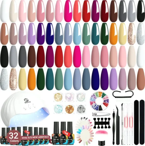 MEFA Brand 56 Pcs Gel Polish Set with UV Light, 32 Colors, Matte/Glossy Top Coats, Nail Art Decorations