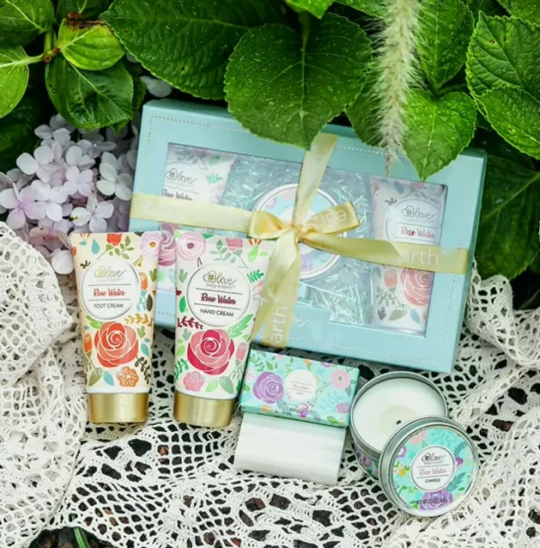 4PC Rosewater Gift Box: Hand & Foot Cream, Soap, Scented Candle - All Skin Care Needs